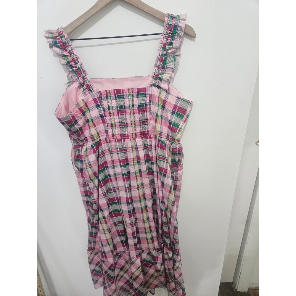 Torrid Pink Green Plaid Ruffle Strap Smocked Tiered Midi Dress Pockets Size 1 - Picture 7 of 8